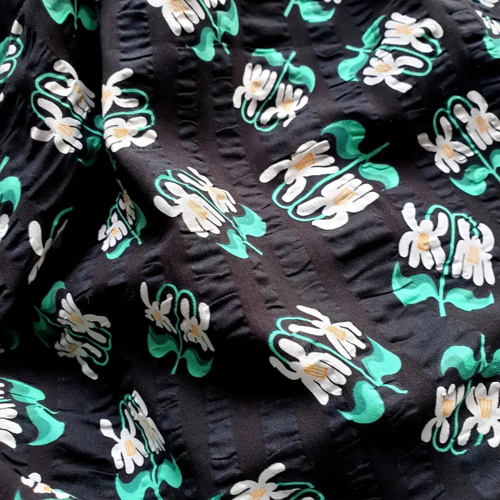 Pigeon Wishes - Deadstock Cotton Seersucker - Floral on Black