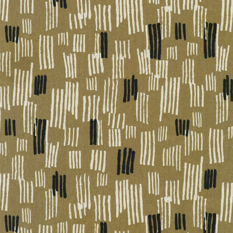 Orchard Run Patterned fabric with black and white lines on a beige background