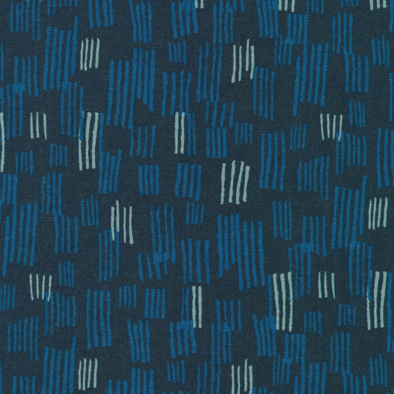 Orchard Run Patterned fabric with blue and gray lines on a dark background