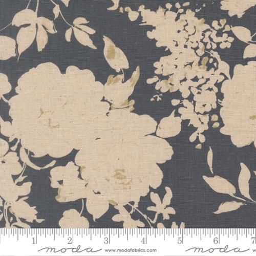 Floral fabric pattern with beige flowers on a dark background, featuring Moda label.
