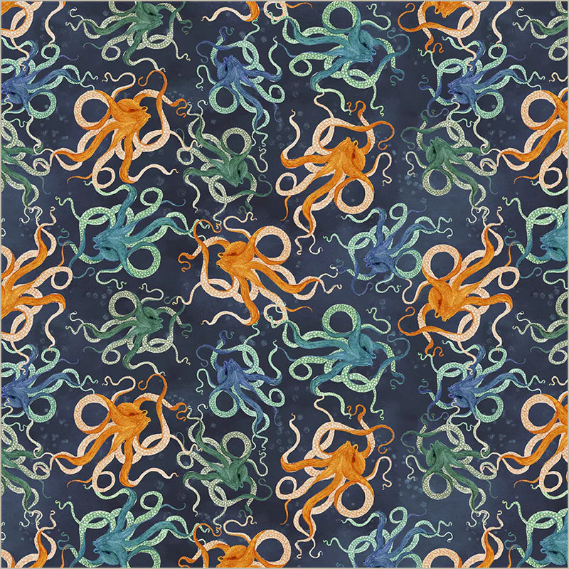 Pattern of colorful octopuses on a blue background