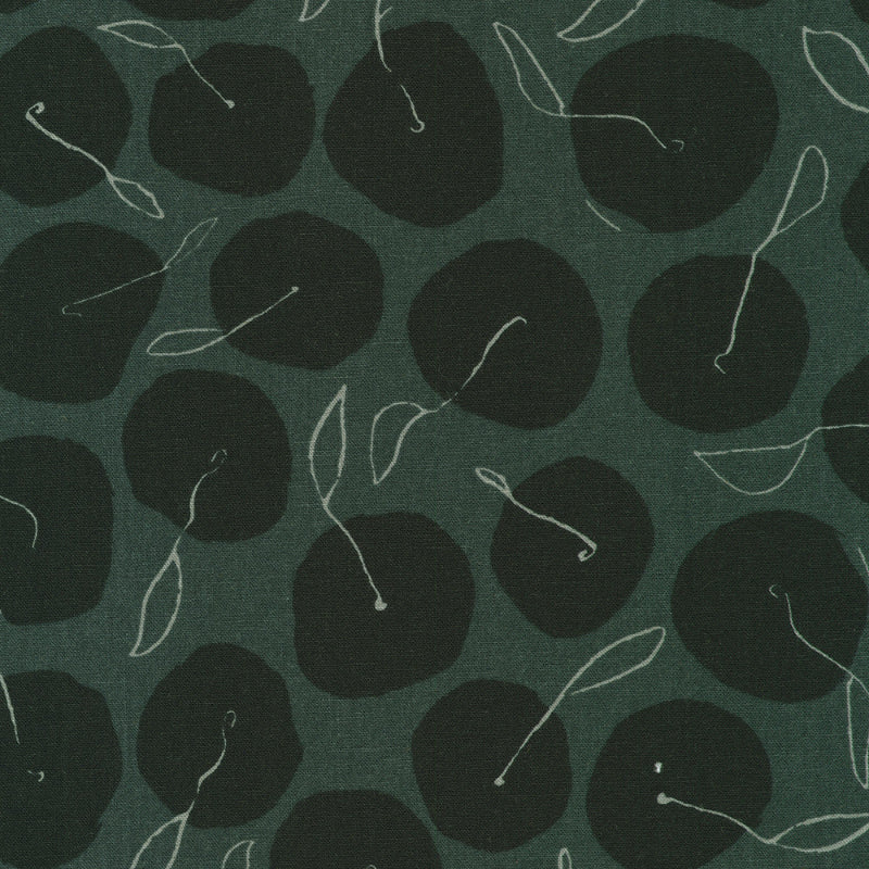 Orchard Run fabric pattern of black plums with stems on a green background