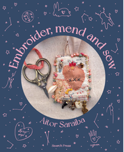 Book cover for 'Embroider, mend and sew' by Aitor Saraiba, published by Search Press. The cover features a dark blue background decorated with white line drawings of constellations, stars, and hearts.