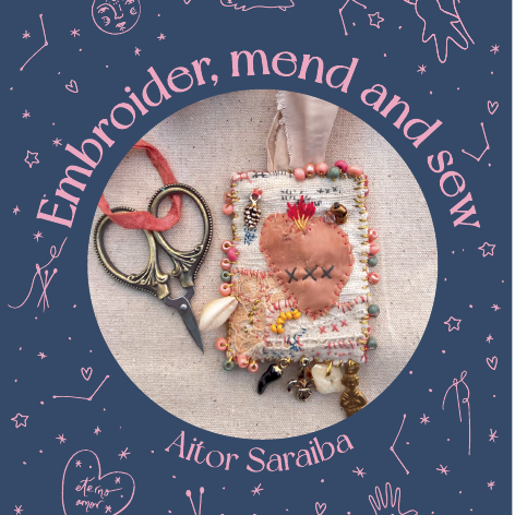 Book cover for 'Embroider, mend and sew' by Aitor Saraiba, published by Search Press. The cover features a dark blue background decorated with white line drawings of constellations, stars, and hearts.