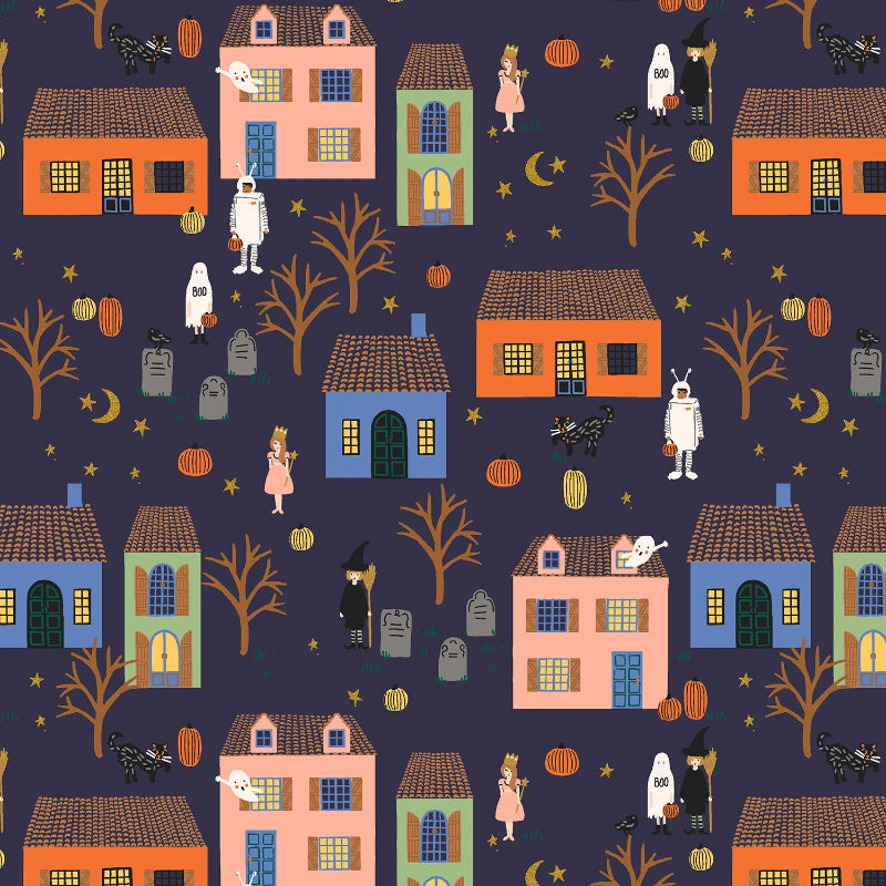 Cotton + Steel - Rifle Paper Co. - Halloween - Halloween Night - Indigo & Gold Metallic