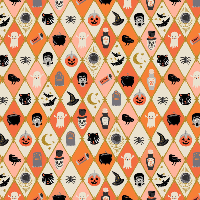 Cotton + Steel - Rifle Paper Co. - Halloween - Halloween Argyle - Orange & Metallic Gold Metallic