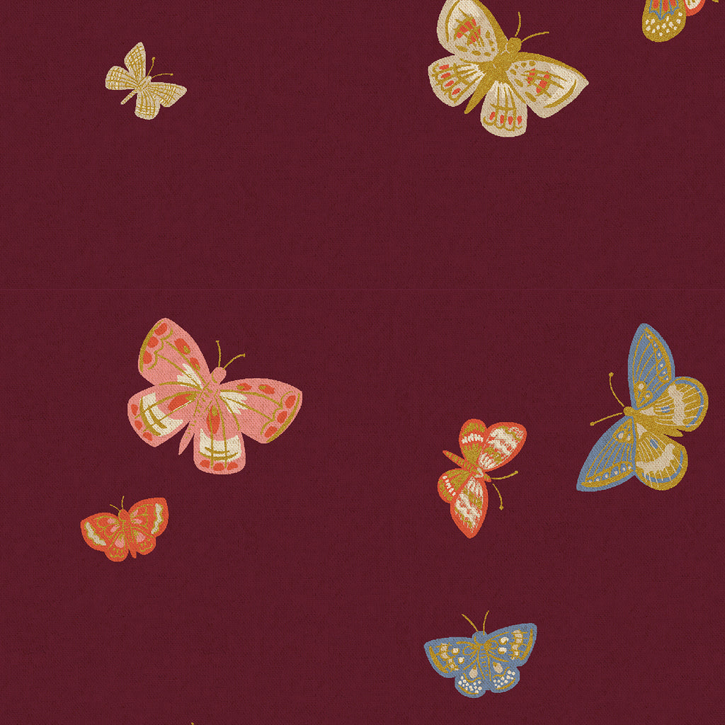 Cotton and Steel - Rifle Paper Co. - Canvas - English Rose - Butterfly House - Burgundy Metallic