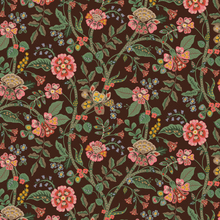 Floral pattern fabric with pink and green flowers on a brown background