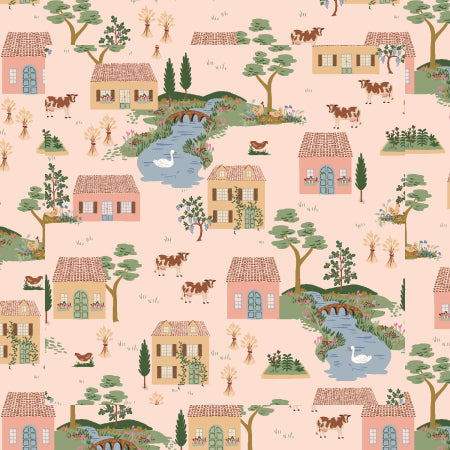 Fabric pattern of small houses, trees, and animals on a pink background