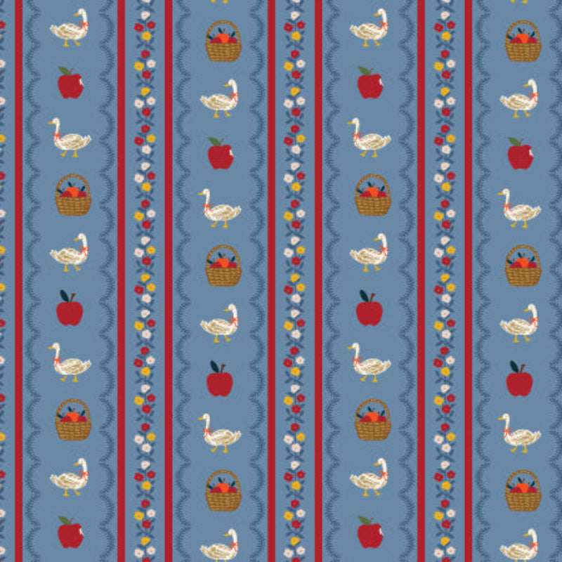 Fabric with geese, baskets, apples and colorful stripes on a blue background.