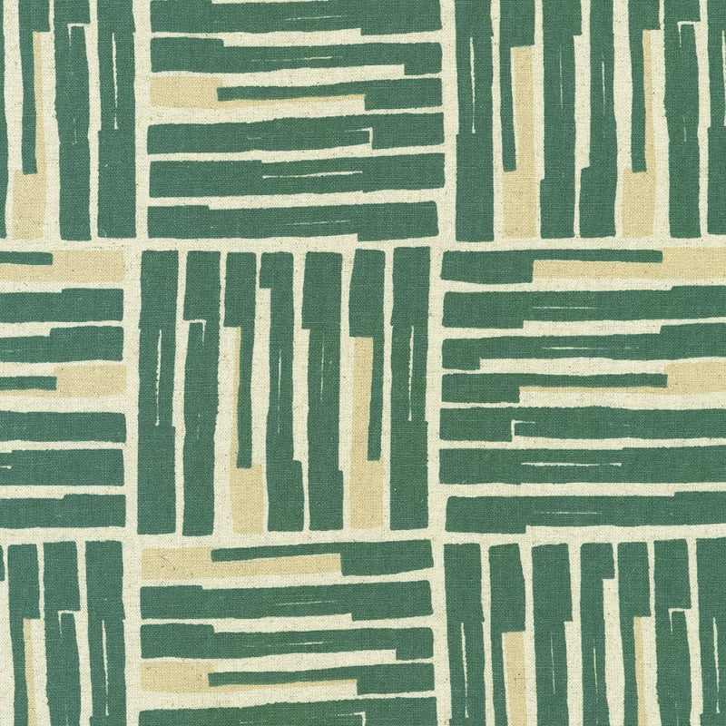 Orchard Run patterned fabric with green and beige vertical stripes on a textured background