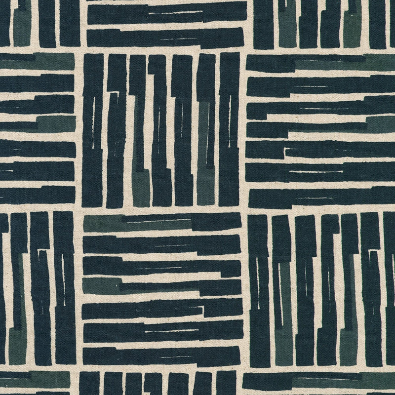 Orchard Run patterned fabric with dark blue and beige stripes