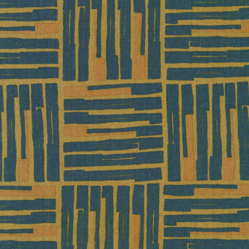 Orchard Run patterned fabric with blue and orange vertical stripes