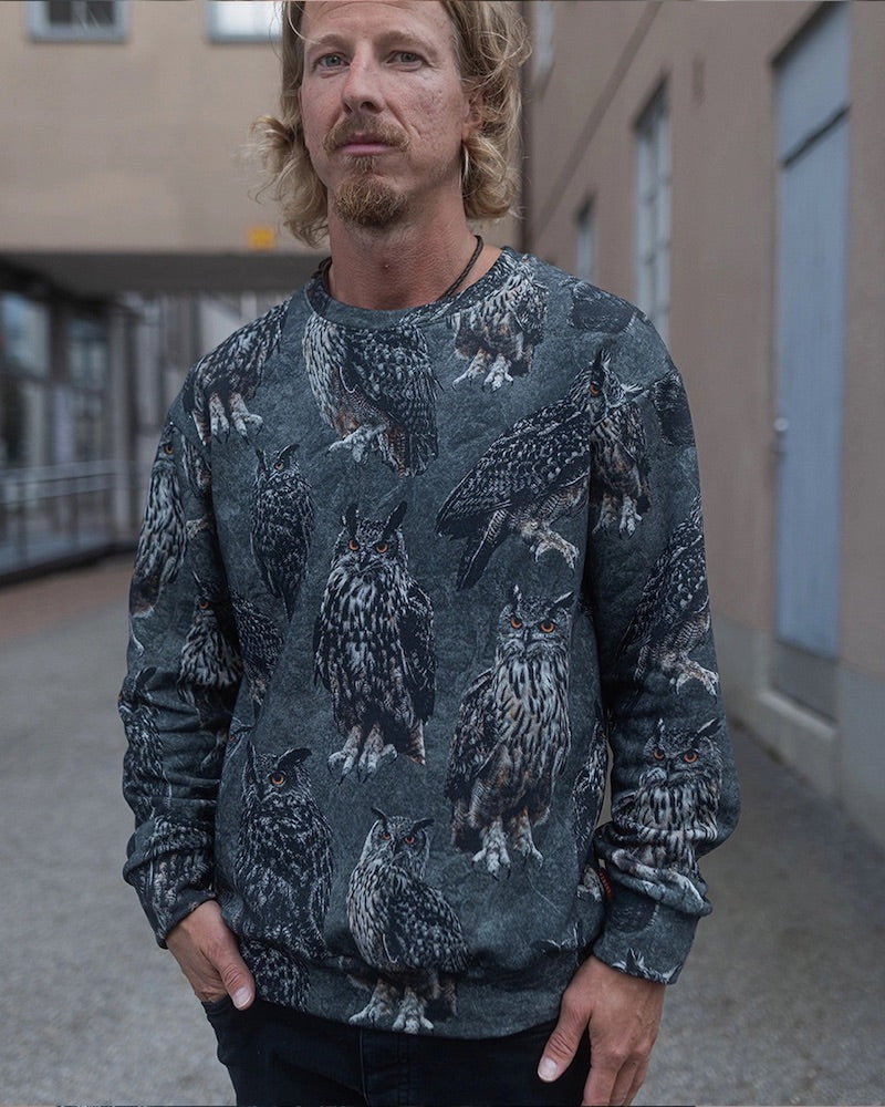 SALE - Paapii - Organic Cotton Brushed Fleece - Eagle-Owls - Shadow