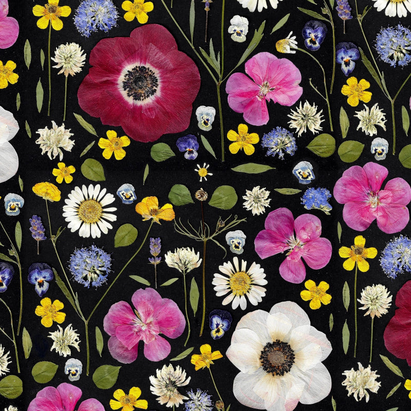 Pattern of colorful flowers on a black background