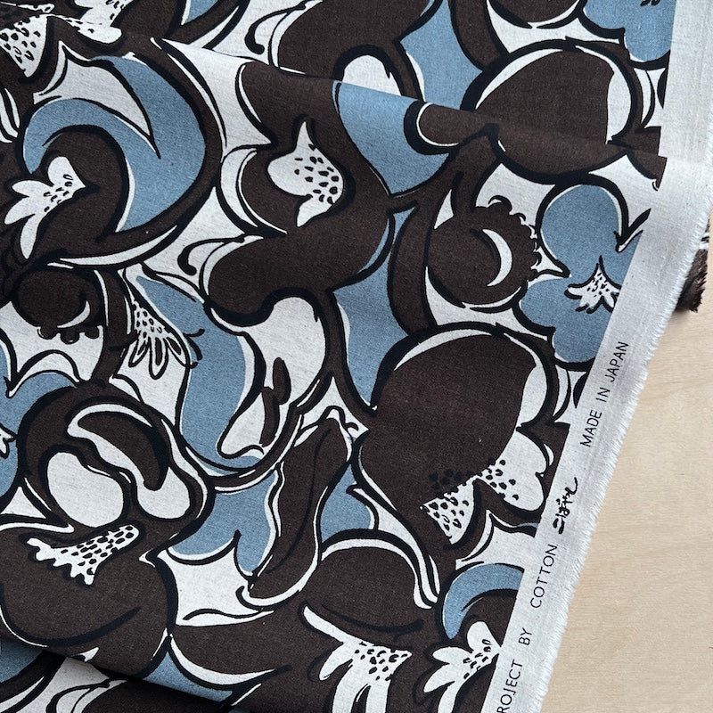 Kobayashi - Cotton Linen Canvas - Wiggly Floral - Brown & Blue