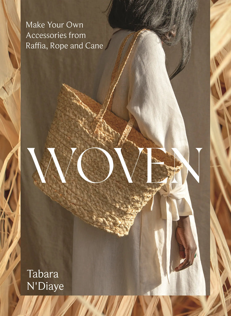 Book cover of 'Woven' by Tabara N'Diaye featuring a woven bag and a person holding it.
