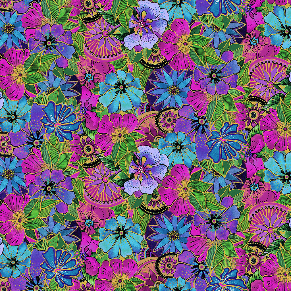 Clothworks - Earth Song - Laurel Burch - Packed Floral - Orchid Metallic