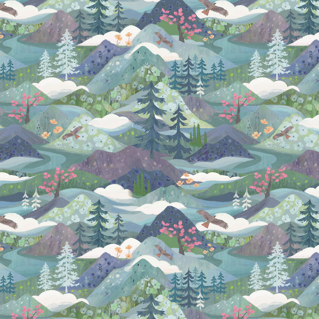 Stylized mountain scenes dominated by blues. Pops of color from trees, flowers, and hawks