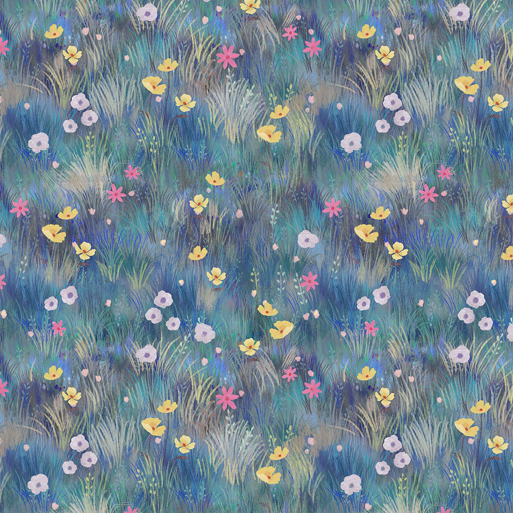 Meadow full of wildflowers and grasses, dominated by blue shades with pops of white, pink, and yellow flowers.