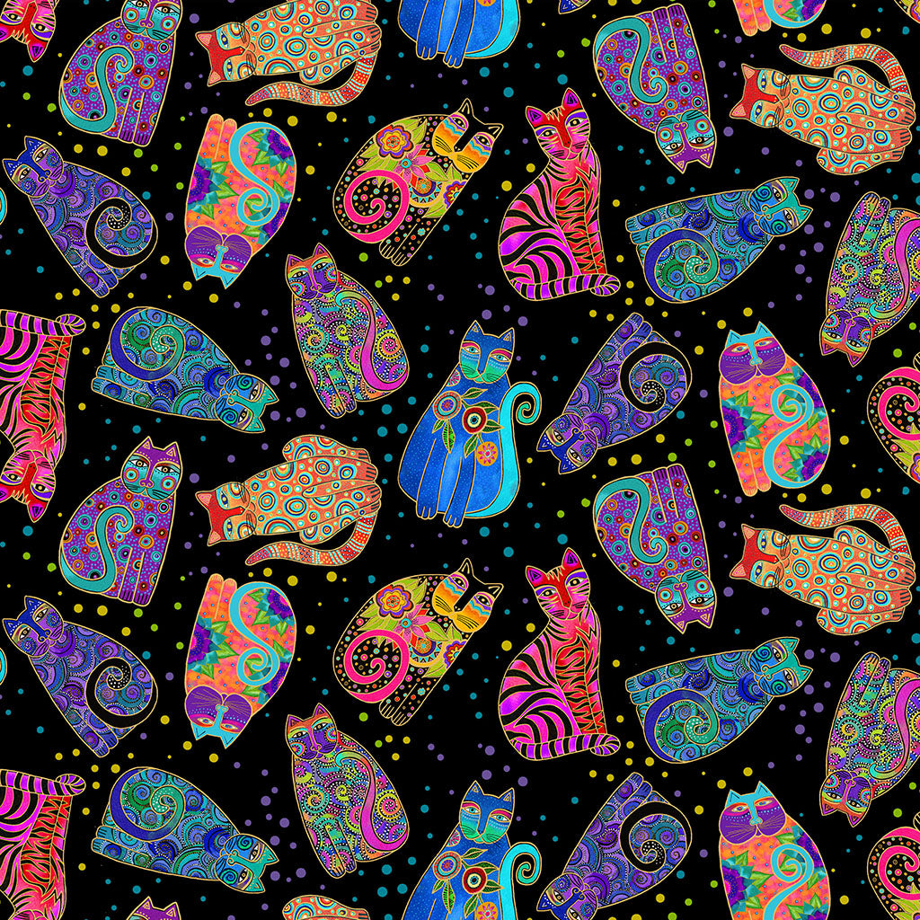 Vivid multi-color cats on a black background with metalic gold highlights