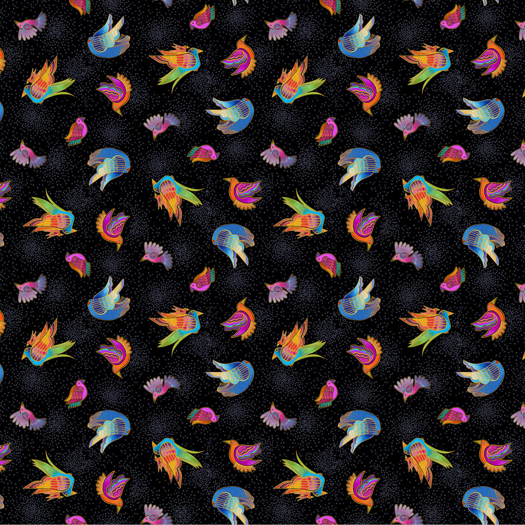 Vivid multicolored stylized birds on a black background 