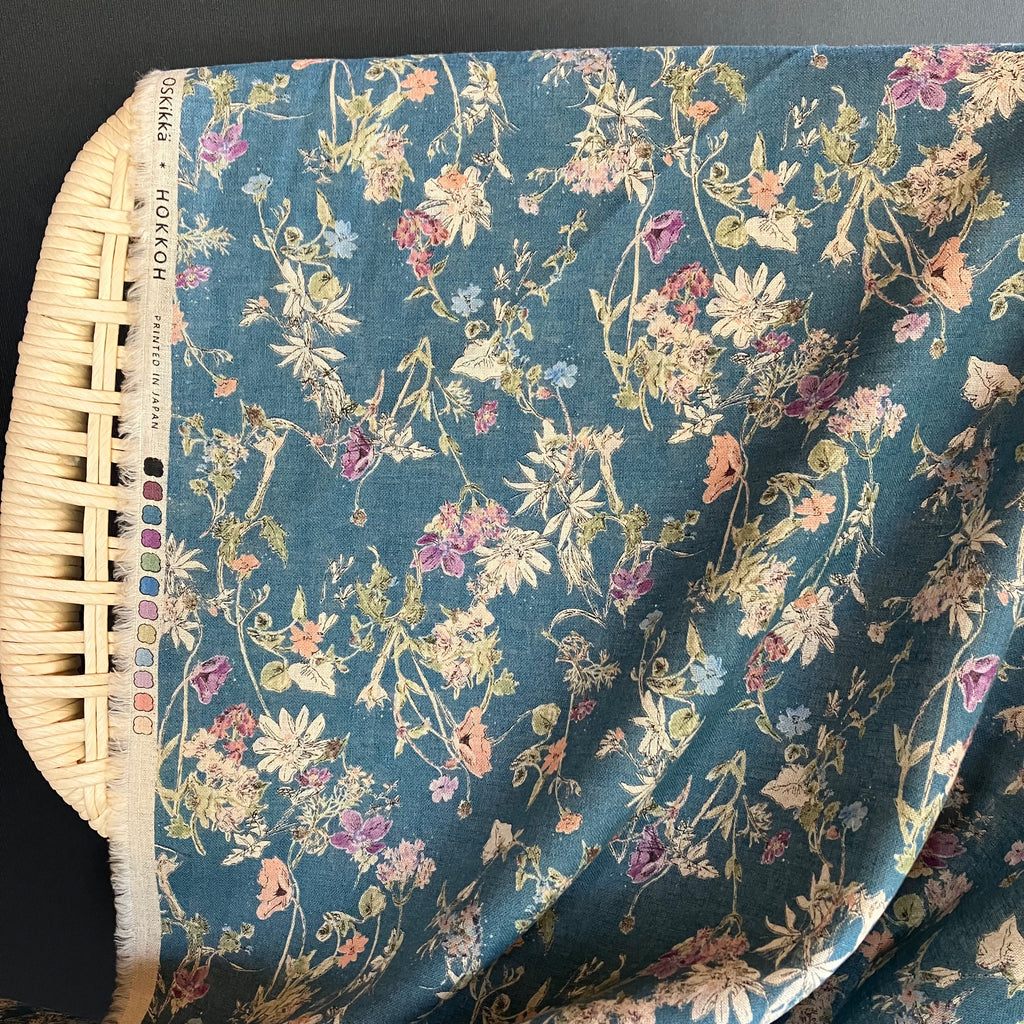 Hokkoh - Cotton Linen Sheeting - Watercolor Floral - Cornflower Blue