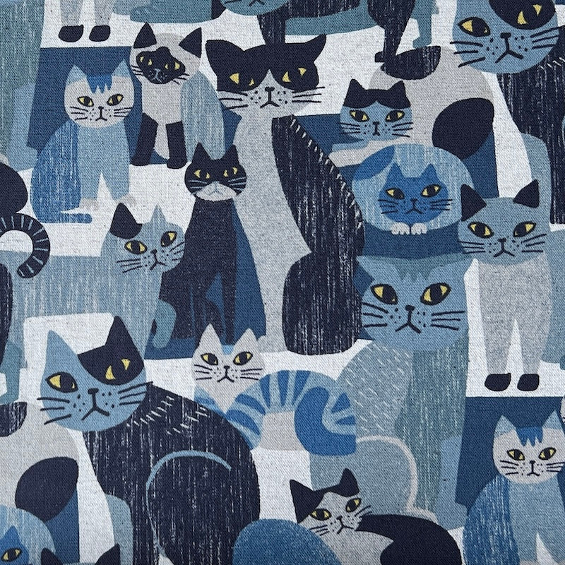 Kokka - Cotton Linen Canvas - Blocky Cat Collage - Moody Blue