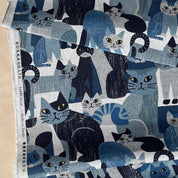 Kokka - Cotton Linen Canvas - Blocky Cat Collage - Moody Blue