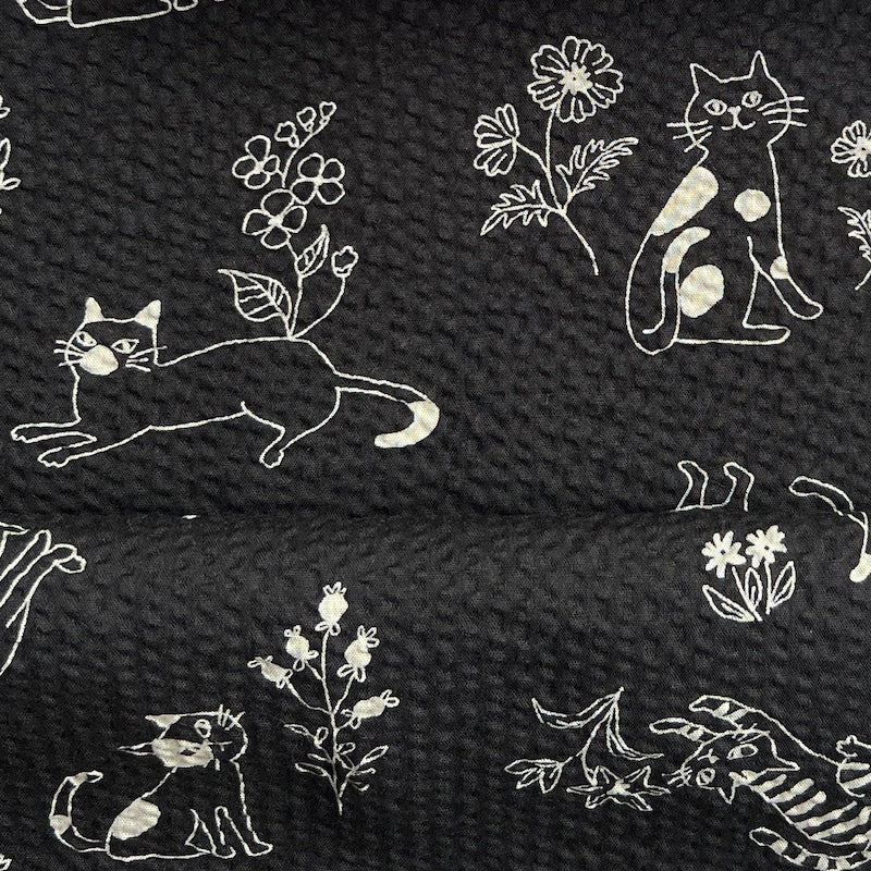 Kokka - Seersucker Cotton Lawn - Cartoon Cats - Black & White