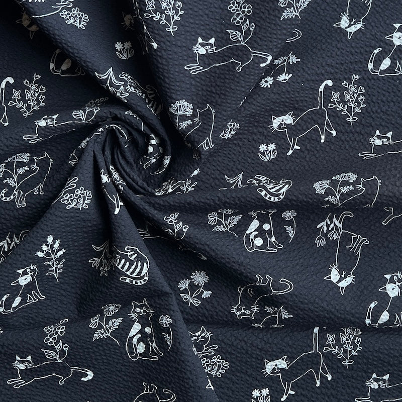 Kokka - Seersucker Cotton Lawn - Cartoon Cats - Black & White