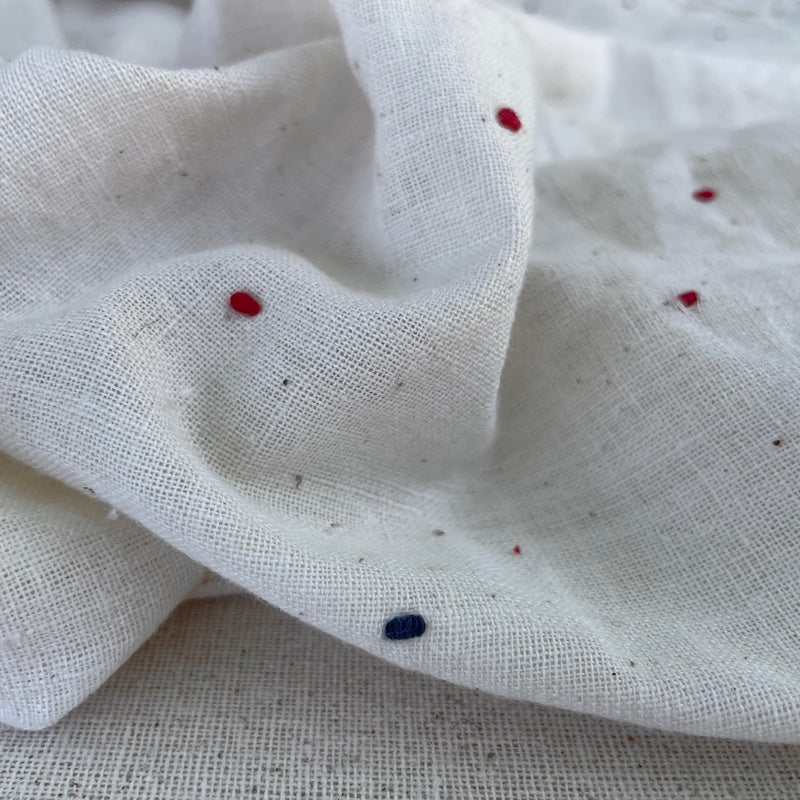 Handloomed Organic Kala Cotton - Cream with Navy and Red Stitched Dots