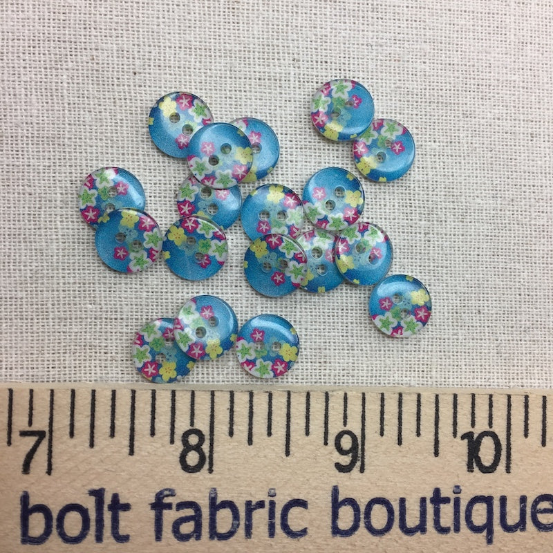 Cute Two Hole Floral Button on Blue - 12mm