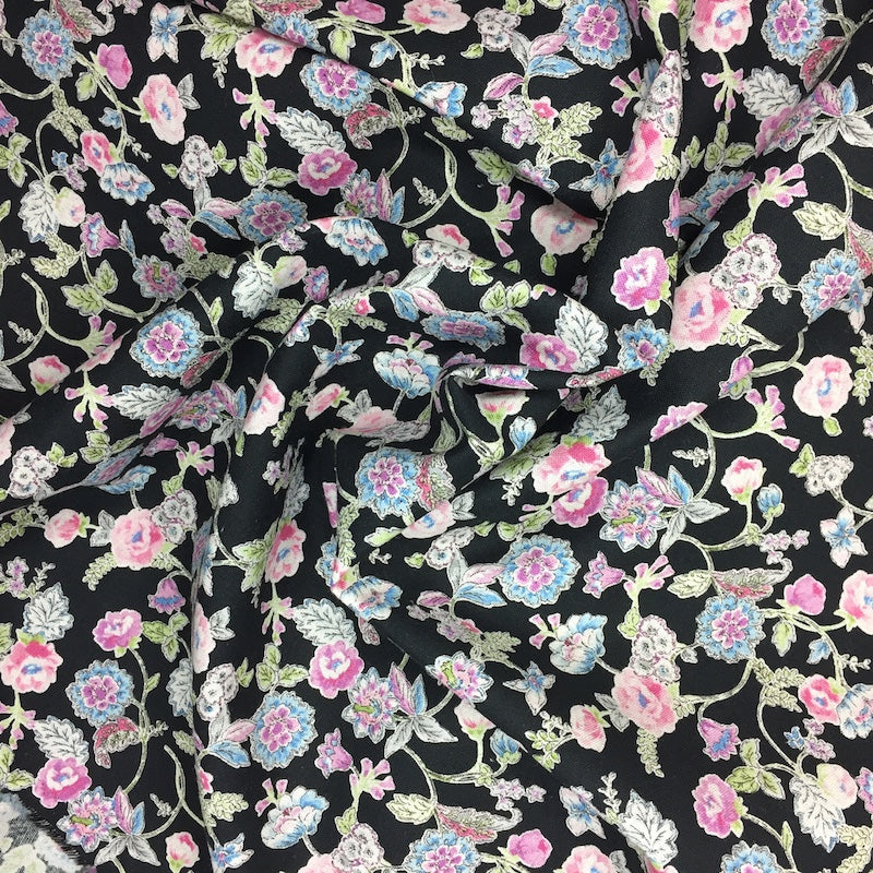 Cosmo - Cotton Linen Blend - Flowers on Black