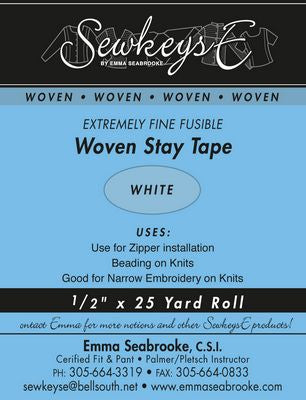 SewkeysE - Woven Stay Tape - Extremely Fine Fusible - White - 1/2" x 25 yd. Roll